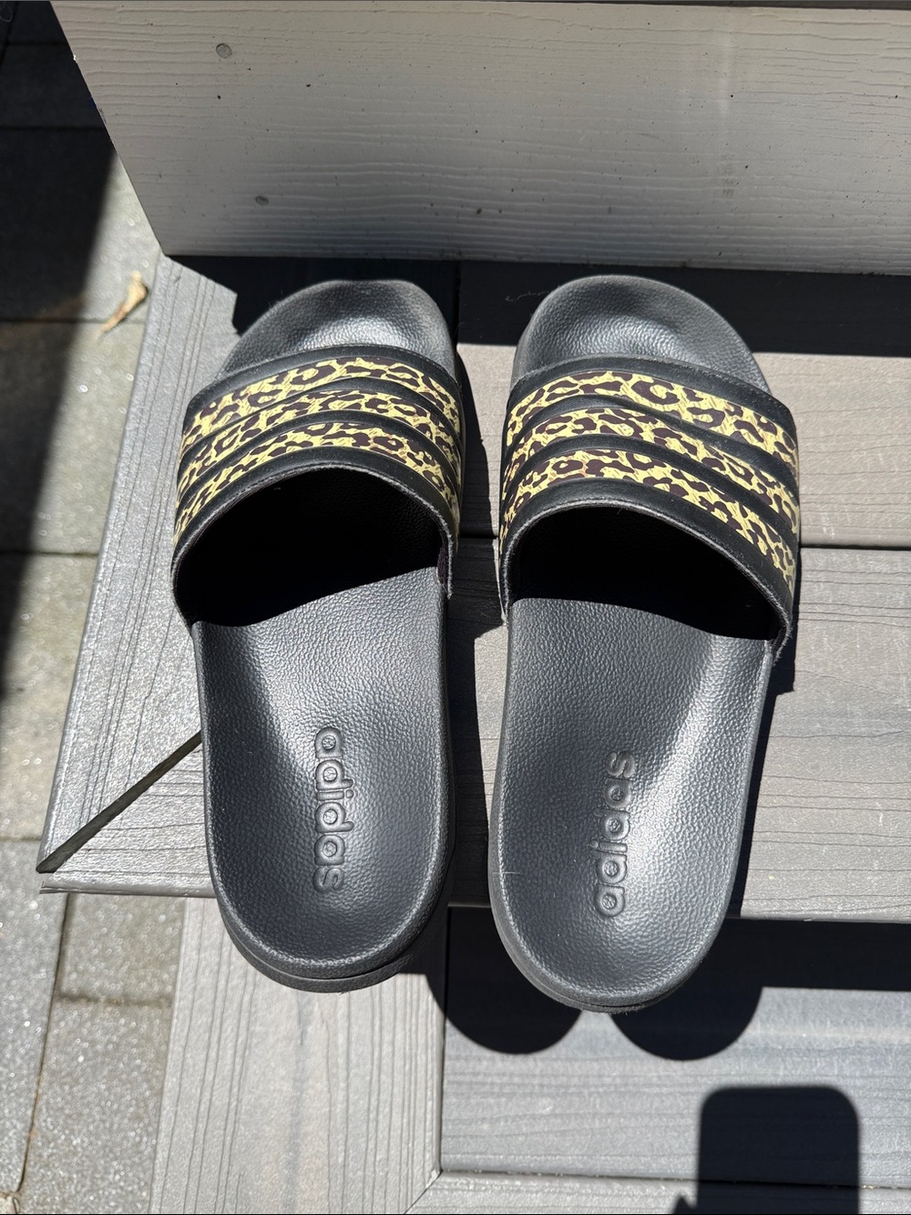 adidas Black Slides with Leopard Stripes